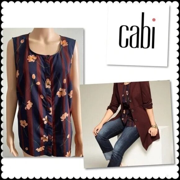 CAbi Scroll Sleeveless Top Woman Size Small Navy Brown Stripe Floral 3600 Small - Picture 1 of 6